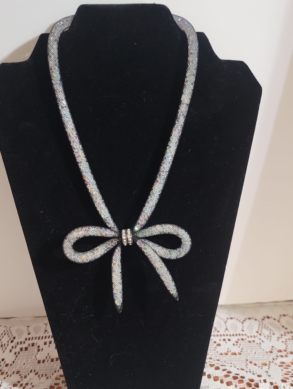 Betsey Johnson Mesh Bow  Necklace - Black And  Silver Tone